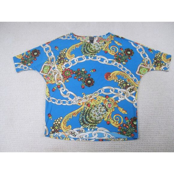 Clara Sun Woo Tops - Clara Sun Woo Shirt Womens Medium Blue Floral Chains Casual Short Sleeve Graphic